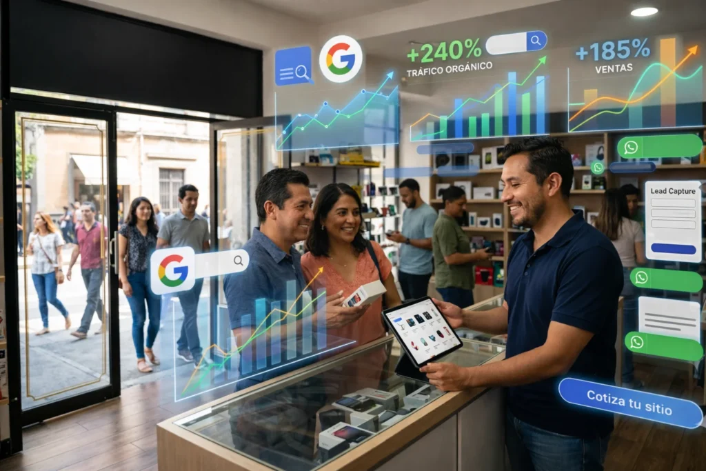 Clientes de internet en tienda física Clientes llegando a comprar en un negocio físico gracias a los servicios de diseño web optimizado para SEO