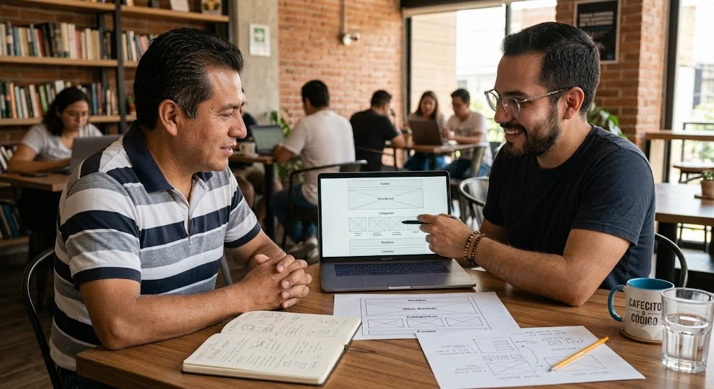 Imagen fotorealista de un diseñador web mostrando avances a su cliente. para mostrar: ¿Qué hace un diseñador web?