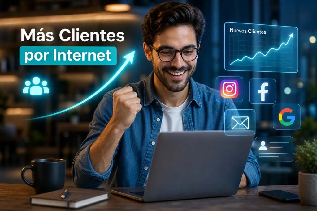 Cómo Conseguir Clientes por Internet: 7 Formas 2026 Imagen destacada de un empresario que atare clientes a su negocio. Ilustración para cómo conseguir clientes para tu negocio