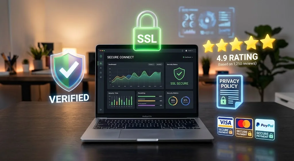 Qué debe tener un sitio web para ser confiable Imagen de una laptop mostrando las señales que debe tener un sitio web para ser confiable.