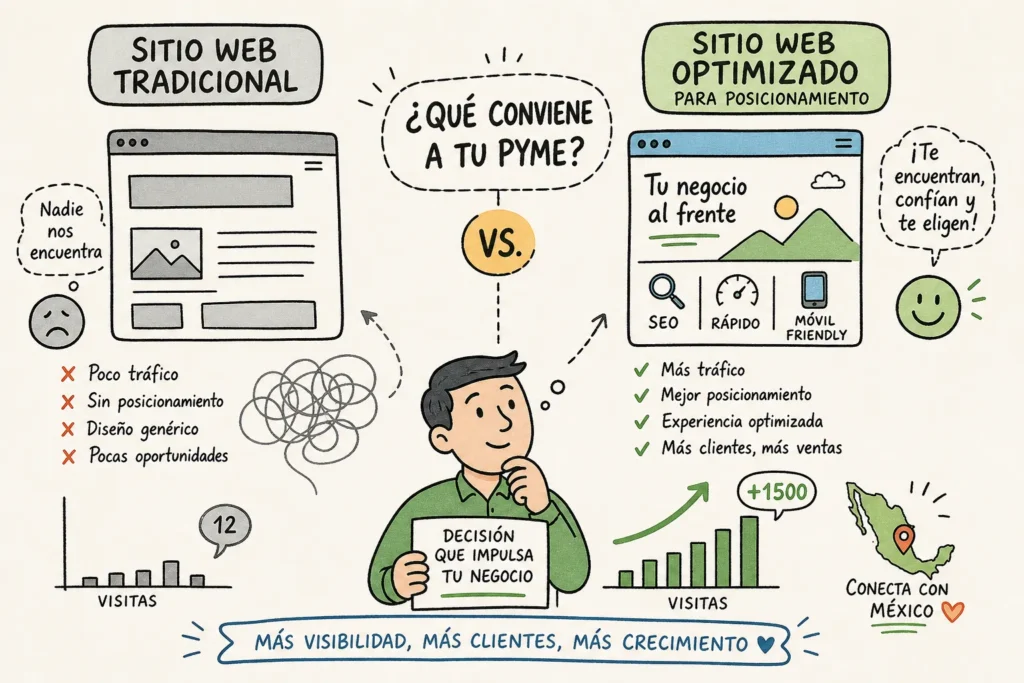 Posicionamiento web para PYMES: guía esencial para atraer clientes 2026 Imagen de un sitio web tradicional vs uno con optimización para posicionamiento web